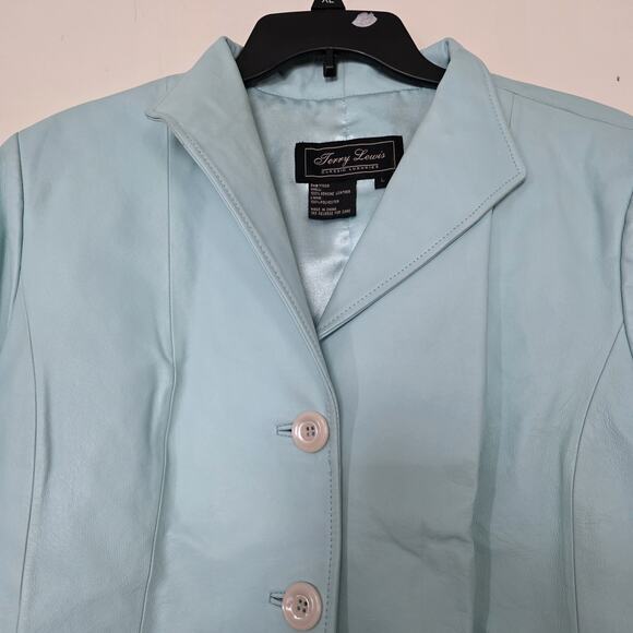 Vintage Baby Blue Leather Jacket Womens L Button Up Moto Y2K 90s Lined Pastel - Picture 5 of 11
